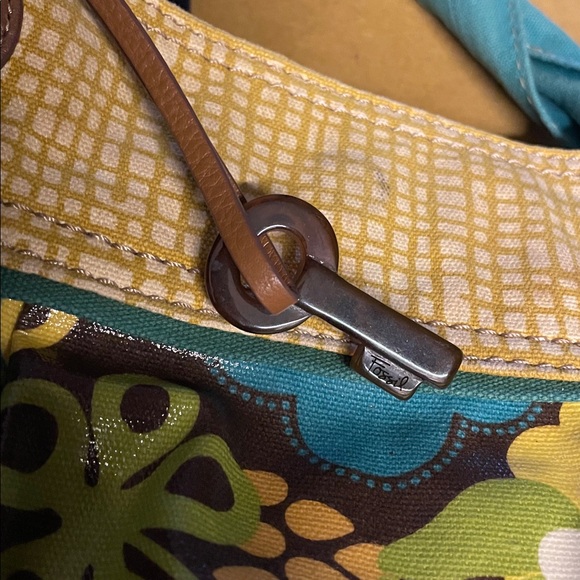 Fossil KeyPer Yellow Plaid Tulip Coated Canvas Purse Bag Tie Handles Key Charm - Picture 5 of 11